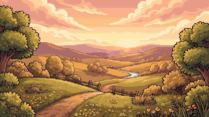 Warm pixel meadow at sunrise
