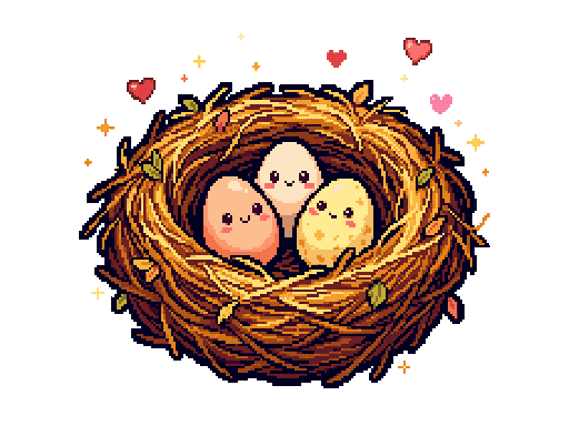 Pixel nest with eggs, stars and hearts